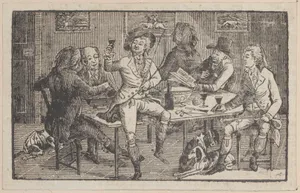 Men seated around a punch bowl, with a hunter offering a toast