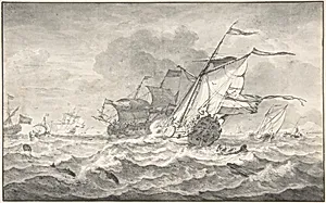 Merchant Ships and Smaller Sailing Boats in a Strong Breeze, Dolphins in the Waves by Hendrick Rietschoof