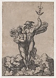 Mercury carrying Psyche to Olympus, after Raphael's composition in the Villa Farnesina, Rome by Giovanni Jacopo Caraglio|Raphael (Raffaello Sanzio or Santi)|Giulio Romano