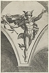 Mercury descending from the sky a trumpet in his right hand, after Raphael's fresco in the Chigi Gallery of the Villa Farnesina in Rome by Raphael (Raffaello Sanzio or Santi)|Marcantonio Raimondi