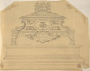 Metal Casket Supported by Putti, Inscribed with Crowned Initials B.C., and Topped with Dragons by Anonymous, British, 19th century
