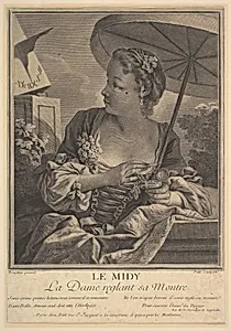 Midday. A Lady Setting Her Watch