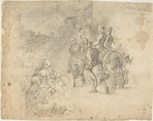 Military Cavaliers Entering Town Accompanied by a Turbaned Torch-bearer. In the foreground: Two Seated Women and a Child (recto); Several Cooks, and Two Pages with a Platter in a Kitchen Yard (verso)