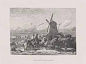 Military scene with horsemen and a windmill