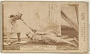 Milligan, Catcher and Larkins, Left Field, Athletics, from the Kalamazoo Bats series (N690) issued by Chas. Gross & Co. to promote Kalamazoo Bats by Chas. Gross & Co.