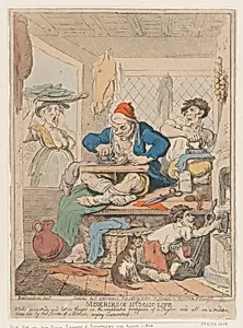 Miseries of Human Life: While Deep in Study and Lost in Thought in the Complicated Profession of a Taylor and All on a Sudden Disturbed by the Shrieks of a Woman Crying Cucumbers by Thomas Rowlandson|Rudolph Ackermann, London|Nicolaus Heideloff