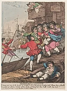 Miseries of London: Entering upon any of the bridges of London or any of the passages leading to the Thames being assailed by a groupe [sic] of watermen holding up their hands and bawling out. Oars Sculls. Sculls. Oars. Oars. by Thomas Rowlandson