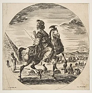Moorish horseman in profile facing right, in the background a pyramid at left, many figures and an elephant, from 'Figures on Horseback' (Cavaliers nègres, polonais et hongrois) by Stefano della Bella