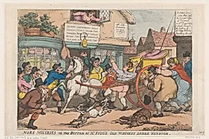 More Miseries: The Bottom of Mr Figg's Old Whiskey Broke Through by Thomas Rowlandson