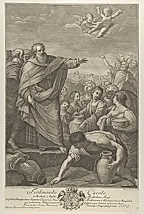 Moses at left with the Israelites who gather manna as it falls from the sky, two angels above, after Reni by Guido Reni|Ranieri Allegranti|Benedetto Eredi