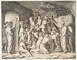Moses at right telling the Israelites to gather the manna and at left Moses striking the rock by Giulio Bonasone|Polidoro da Caravaggio
