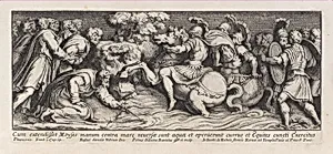 Moses parting the Red Sea as the Pharoah's army drowns, after Raphael's Stanza di Eliodoro, from a series of 15 plates, depicting Raphael's works for the Vatican stanze and the Sistine Chapel tapestries by Pietro Santi Bartoli|Raphael (Raffaello Sanzio or Santi)|Giovanni Giacomo De Rossi