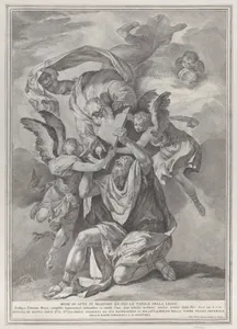 Moses receiving the Tablets of the Law from God who descends from the heavens; from the series of 112 prints of the sacred history, after the painting by Mattia Preti