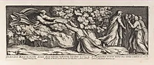Moses receiving the tablets of the law on Mount Sinai, after Raphael's Stanza di Eliodoro, from a series of 15 plates, depicting Raphael's works for the Vatican stanze and the Sistine Chapel tapestries by Pietro Santi Bartoli|Raphael (Raffaello Sanzio or Santi)|Giovanni Giacomo De Rossi