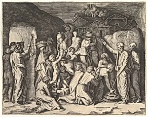 Moses Telling the Israelites to Gather the Manna and Moses Striking the Rock by Giulio Bonasone|Polidoro da Caravaggio