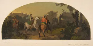 Mural design picturing riders in a landscape for a lunette in the library of the Chateau de Lude (Sarthe)