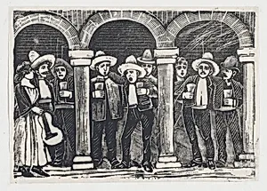 Musicians standing in an arcade having a drink by José Guadalupe Posada