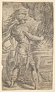 Mutius Scaevola placing his hand in the flames (left half of a composition, the right half of which shows a woman extending her right arm towards an altar) by Parmigianino (Girolamo Francesco Maria Mazzola)|Andrea Schiavone (Andrea Meldola)