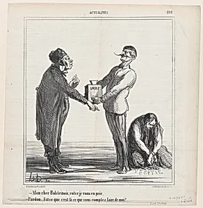 –My dear Holsteiner, I urge you to vote. –Pardon me, but am I going to end the same way as this one?, from 'News of the day,' published in Le Charivari, June 23, 1866 by Destouches|Arnaud de Vresse|Honoré Daumier