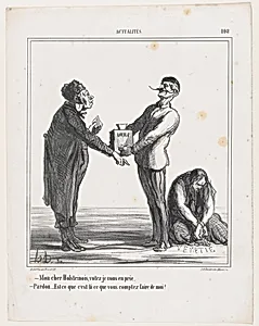 –My dear Holsteiner, I urge you to vote. –Pardon me, but am I going to end the same way as this one?, from 'News of the day,' published in Le Charivari, June 23, 1866 by Destouches|Arnaud de Vresse|Honoré Daumier