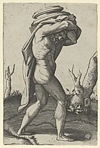 Naked man walking to the right carrying a column base by Marcantonio Raimondi|Raphael (Raffaello Sanzio or Santi)|Giulio Romano|Perino del Vaga (Pietro Buonaccorsi)
