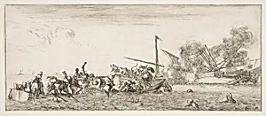 Naval battle, a rowboat filled with people fighting with muskets to left, people drowning in the sea in the center and right foreground, a ship on its side and burning in the background, from "Peace and War" (Divers desseins tant pour la paix que pour la guerre) by Stefano della Bella|Israël Henriet|Marquis de Maulevrier