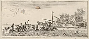 Naval battle, a rowboat filled with people fighting with muskets to left, people drowning in the sea in the center and right foreground, a ship on its side and burning in the background, from 'Peace and War' (Divers desseins tant pour la paix que pour la guerre) by Stefano della Bella|Israël Henriet