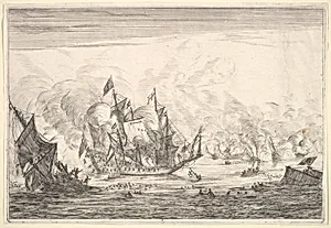Naval Battle with an English Ship Foundering on the Left, from Naval Battles (Nieuwe Scheeps Batalien), plate 5 by Reinier Nooms, called Zeeman