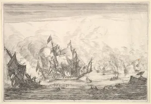 Naval Battle with an English Ship Foundering on the Left, from Naval Battles (Nieuwe Scheeps Batalien), plate 5