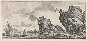 Naval battle with ruined ship and smoking battlements, from 'Italian landscapes' (Diverse vedute designate in Fiorenza / Paysages italiens) by Jacques Callot|Israël Henriet