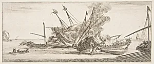 Naval combat, a ship at center, seen from behind, firing at four enemy ships, another ship entering from the right, a rowboat with nine people to left, from "Peace and War" (Divers desseins tant pour la paix que pour la guerre) by Stefano della Bella|Israël Henriet|Marquis de Maulevrier