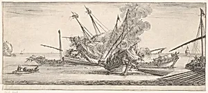 Naval combat, a ship at center, seen from behind, firing at four enemy ships, another ship entering from the right, a rowboat with nine people to left, from 'Peace and War' (Divers desseins tant pour la paix que pour la guerre) by Stefano della Bella|Israël Henriet