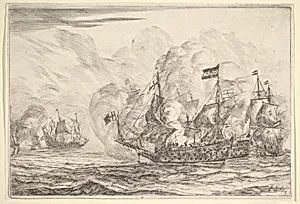 Naval Encounter with Three Vessels on the Right, from Naval Battles (Nieuwe Scheeps Batalien), plate 7 by Reinier Nooms, called Zeeman