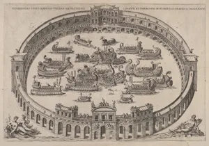 Naval engagement set inside a Roman arena, with the river Tiber and nymphs at lower left and right