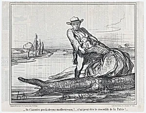Ne t'assoies pas là-dessus malheureuse!.... c'est peut-être le crocodile de la Patrie!...., from Actualités, published in Le Charivari, July 8, 1858 by Aaron Martinet|Honoré Daumier|Destouches