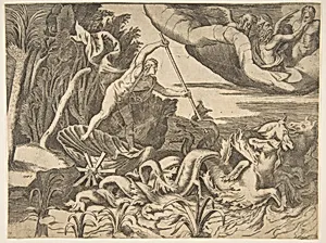Neptune in his Chariot being drawn by seahorses, from the 'Division of the Universe' by Giulio Bonasone