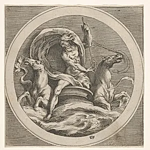 Neptune rising from the sea and bearing a staff, accompanied by two horse-headed sea creatures, reverse copy after a series of engravings by Cherubino Alberti of mythological scenes after Polidoro da Caravaggio by Anonymous|Cherubino Alberti (Zaccaria Mattia)|Polidoro da Caravaggio
