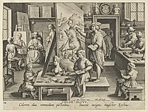 New Inventions of Modern Times [Nova Reperta], The Invention of Oil Painting, plate 14 by Jan van der Straet, called Stradanus|Jan Collaert I|Philips Galle