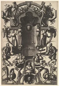 Niche in the Form of a Cartouche from the series Veelderleij niewe inuentien van antijcksche sepultueren, diemen nou zeere ghebruijkende is met noch zeer fraeije grotissen en[de] Compertimenten zeer beqwame voer beeltsniders antijcksniders schilders en[de] all Constenaers...Libro Secundo