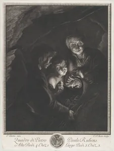 Night scene in a cave with an old woman holding burning coals in a pot, a boy blowing into the fire at left