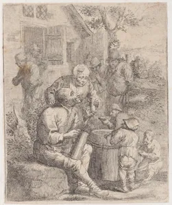 Nine peasants outside of a rustic house, with a seated man holding a pint and giving a glass to a woman in the foreground