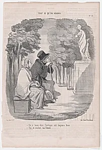 --No matter what one says, old things are always beautiful. --Yes, my dear, but only in marble., from 'As you like it,' published in Le Charivari, January 21, 1850 by Aubert et Cie|Aubert et Cie|Honoré Daumier