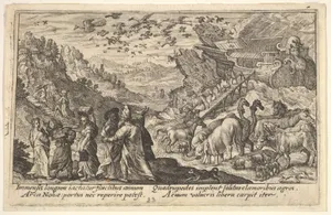 Noah leaving the ark with his family and animals: at left Noah's family carries supplies, at right animals descend on a ramp from the ark, above birds fly from the ark, from "Liber Genesis"