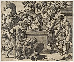 Noah's Sacrifice; Noah at right with his hands clapsed in prayer before a fire upon an altar, two men sacrificing a ram on the ground and another bringing a second ram, two men leading two cows and a camel behind the fire by Marco Dente|Raphael (Raffaello Sanzio or Santi)