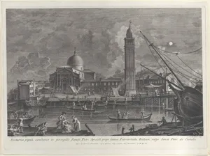 Nocturnal view of the gondolas' procession in front of the Basilica of San Pietro di Castello