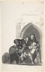 'Nothing is Known of This' ; two figures picking up a body in front of a church, a monk singing next to them and another in the background; page 7 from the Witches and Old Women Album (D)