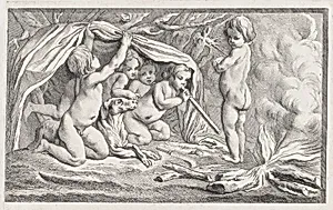 Nude children and a dog warming themselves by a fire; an allegory of Winter, after a bas-relief on the Fontaine des Quatre-Saisons (Paris) by Anonymous|Edme Bouchardon