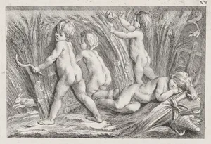 Nude children shearing wheat; an allegory of Summer; after a bas-relief on the Fontaine des Quatre-Saisons (Paris)
