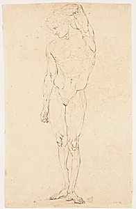 Nude Man Standing with One Arm Raised