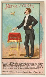 Number 24, Metempsychosis, from the Tricks with Cards series (N138) issued by W. Duke, Sons & Co. to promote Honest Long Cut Tobacco